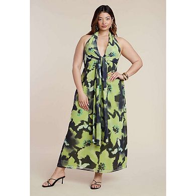 ELOQUII Women's Plus Size Tie-Detail Halter Maxi Dress