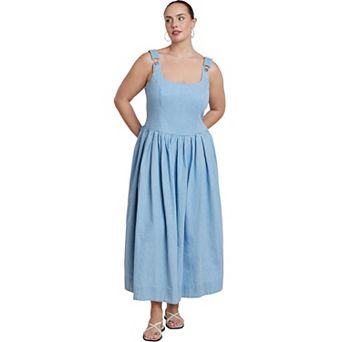 ELOQUII Women's Plus Size Drop-Waist Chambray Maxi Dress