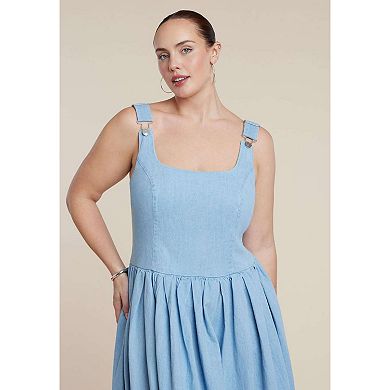 ELOQUII Women's Plus Size Drop-Waist Chambray Maxi Dress