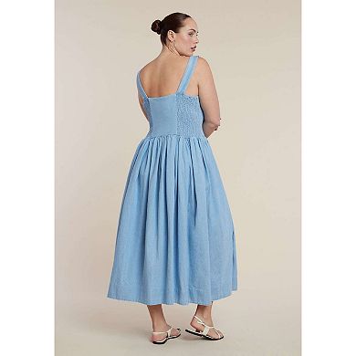 ELOQUII Women's Plus Size Drop-Waist Chambray Maxi Dress