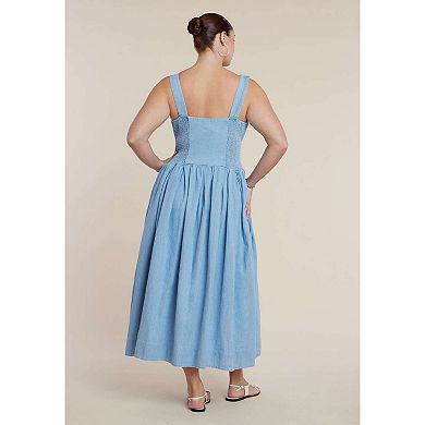 ELOQUII Women's Plus Size Drop-Waist Chambray Maxi Dress
