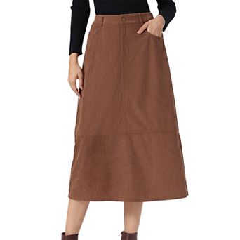 Corduroy Midi Skirt for Women's Elastic High Waist Pockets Casual A Line Skirt
