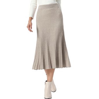 Knit Midi Skirt for Women's Elastic High Waist Casual Soft Striped Pleated Skirt