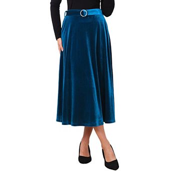 Women's Velvet Long Skirt High Waist Elegant Evening Formal Cocktail A Line Skirts with Belt