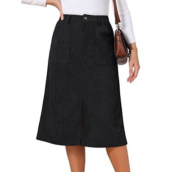 Womens Corduroy Midi Skirt High Waist A Line Split Front Casual Fall Winter Long Skirts with Pockets
