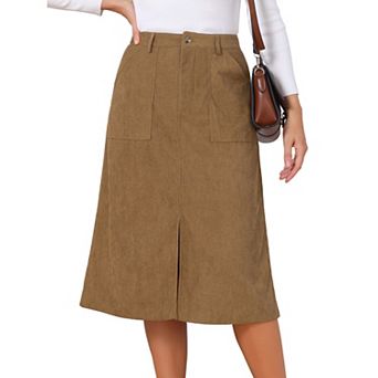 Womens Corduroy Midi Skirt High Waist A Line Split Front Casual Fall Winter Long Skirts with Pockets