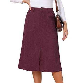 Womens Corduroy Midi Skirt High Waist A Line Split Front Casual Fall Winter Long Skirts with Pockets