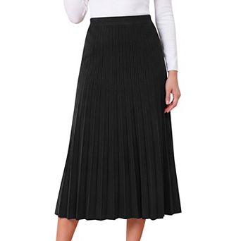 Womens Pleated Skirts Elastic High Waist A Line Ribbed Knit Sweater Midi Skirt Fall Winter Outwear