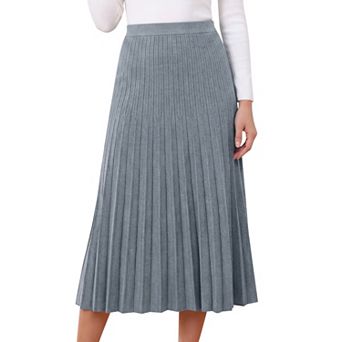 Womens Pleated Skirts Elastic High Waist A Line Ribbed Knit Sweater Midi Skirt Fall Winter Outwear