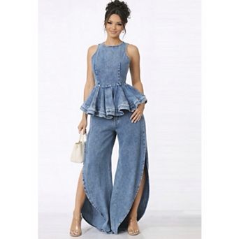 Denim Peplum Top & Wide-Leg Split Pants Set