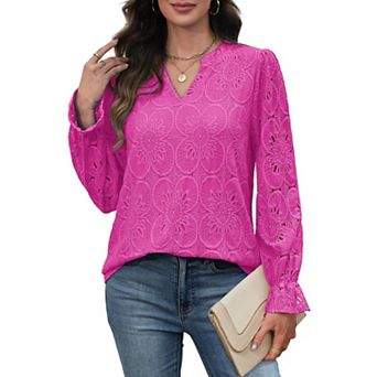 Women’s Lace Long Sleeve Blouse Hollow Embroidery Eyelet Top With Liner