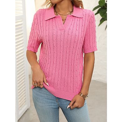 Women's V Neck Short Sleeve Pullover Knit Sweater