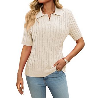 Women's V Neck Short Sleeve Pullover Knit Sweater