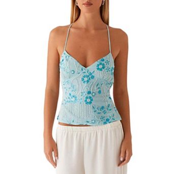 Women’s Floral Sequin Cami Top V Neck Criss Cross Back Tie Spaghetti Strap Crop Camisole