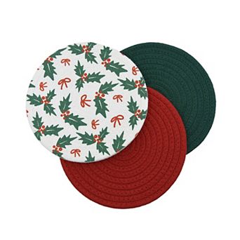 3 pc Holly Print Rope Trivet Set
