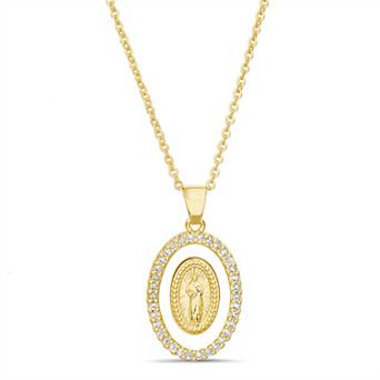 Paige Harper 14k Gold Flash Plated Round Cubic Zirconia Mother-Of-Pearl Pave Border Saint Jude Pendant Necklace