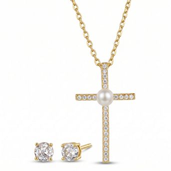 Paige Harper 14k Gold Flash Plated Cubic Zirconia & Simulated Pearl Cross Necklace & Stud Earring Set
