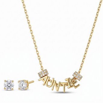 Paige Harper 14k Gold Flash Plated Cubic Zirconia "Auntie" Necklace & Stud Earring Set