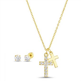 Paige Harper Fine Silver Plated Cubic Zirconia Post Earrings & Cross Necklace Set