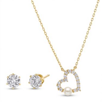 Paige Harper 14k Gold Flash Plated Cubic Zirconia & Simulated Pearl Heart Pendant Necklace & Stud Earring Set