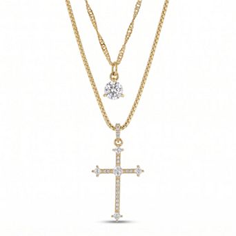 Paige Harper 14k Gold Flash Plated Cubic Zirconia Cross & Solitaire Layered Necklace