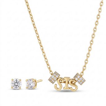 Paige Harper 14k Gold Flash Plated Cubic Zirconia 'SIS' Cable Chain Necklace & Round Stud Earring Set