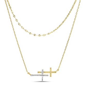 Paige Harper Brass 14k Gold Flash Plated Cubic Zirconia Cross Layered Necklace