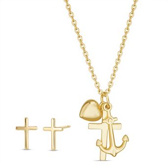 Paige Harper 14k Gold Flash Plated Cross, Heart & Anchor Charm Necklace & Cross Stud Earring Set