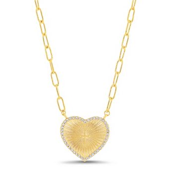 Paige Harper 14k Gold Flash Plated Round Cubic Zirconia Prong Cross Stationed Heart Pendant Necklace