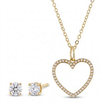 Paige Harper 14k Gold Flash Plated Cubic Zirconia & Simulated Pearl Open Heart Necklace & Stud Earring Set