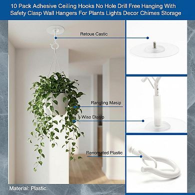 10 Pack Adhesive Ceiling Hooks Drill Free Safety Clasp for Plants Lights Decor Storage