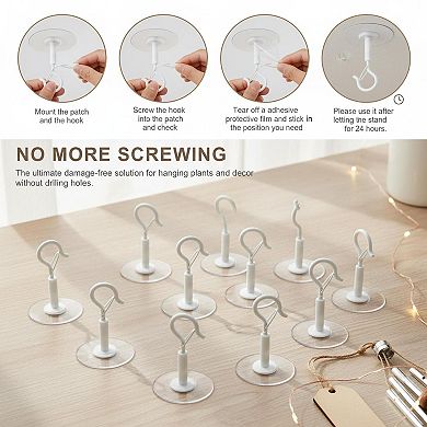 10 Pack Adhesive Ceiling Hooks Drill Free Safety Clasp for Plants Lights Decor Storage