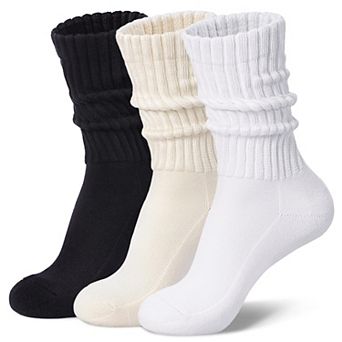 Cozy Retro Ribbed Slouch Crew Socks Cushioned Casual Athletic 3 Pairs