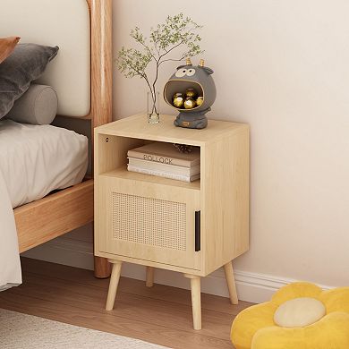 Merax Nightstand, Side Table with Door Open Shelf, Accent Bedside End Table with Solid Wood Legs