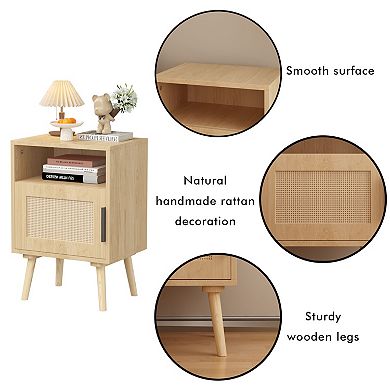 Merax Nightstand, Side Table with Door Open Shelf, Accent Bedside End Table with Solid Wood Legs