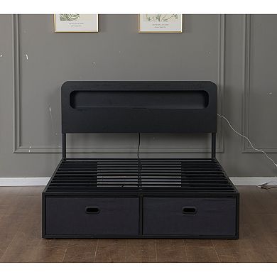 Pnronnc Storage Bed Frame with LED Headboard Platform Bed with Charging Station & 8 Drawers