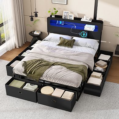 Pnronnc Storage Bed Frame with LED Headboard Platform Bed with Charging Station & 8 Drawers