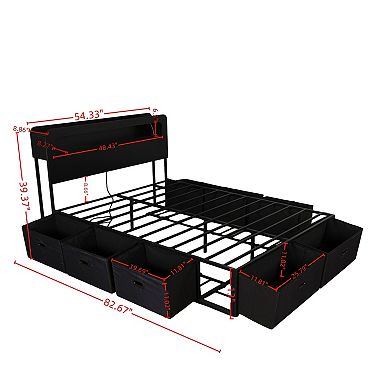 Pnronnc Storage Bed Frame with LED Headboard Platform Bed with Charging Station & 8 Drawers