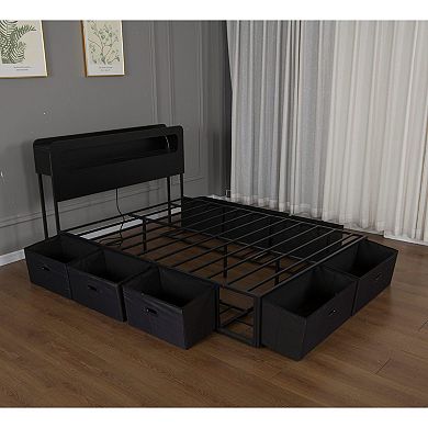 Pnronnc Storage Bed Frame with LED Headboard Platform Bed with Charging Station & 8 Drawers