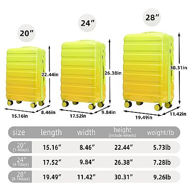 Pnronnc 3-Piece PC Spinner Wheel Luggage Set with Combination Lock Carry On Suitcases