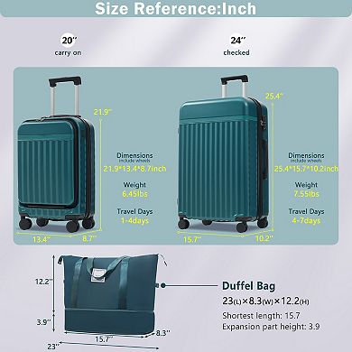 Pnronnc 3-Piece Front Opening Luggage Set with USB Port TSA Lock and Travel Bag