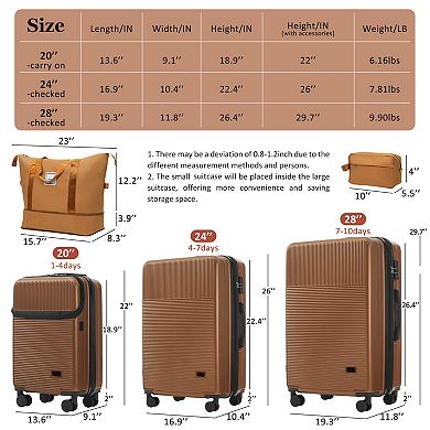 Pnronnc 5-Piece ABS Hardside Luggage Set with USB Port TSA Lock and Double Spinner Wheels