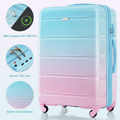 Pnronnc 3-Piece ABS+PC Hardshell Luggage Set with USB Port Spinner Wheels and Carry-On Suitcase