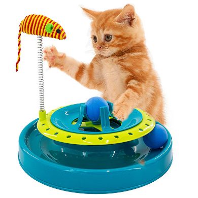 Interactive Cat Track Toy Rotating Dual Layer Balls and Spring Catnip Mouse for Indoor Cats