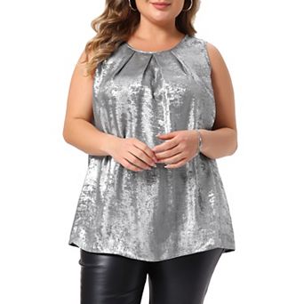 Women's Plus Size Metallic Tank Top Crew Neck Sleeveless Front Pleated Party Club Shiny Tops