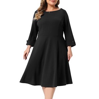 Women's Plus Size Dress 3/4 Sleeve Boat Neck Fit and Flare A-Line Work Formal Office Midi Dresses