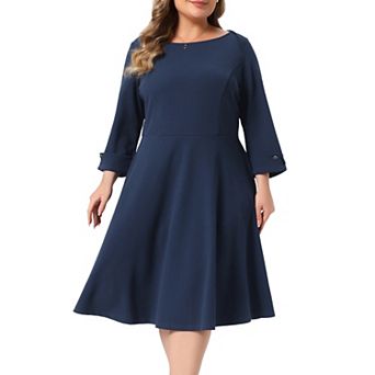 Women's Plus Size Dress 3/4 Sleeve Boat Neck Fit and Flare A-Line Work Formal Office Midi Dresses
