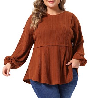 Women's Plus Size Tops Round Neck Long Sleeve Ruffle Hem Blouses Peplum Knit Tops