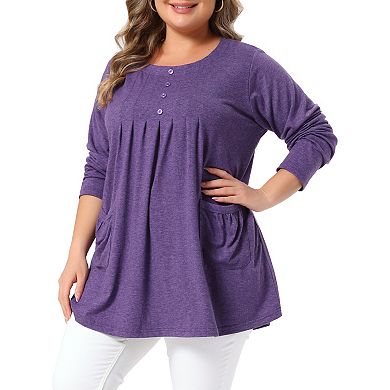 Women's Plus Size Tops Crew Neck Long Sleeve Front Pleated Button Knit Blouses with Pockets