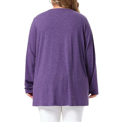 Women's Plus Size Tops Crew Neck Long Sleeve Front Pleated Button Knit Blouses with Pockets